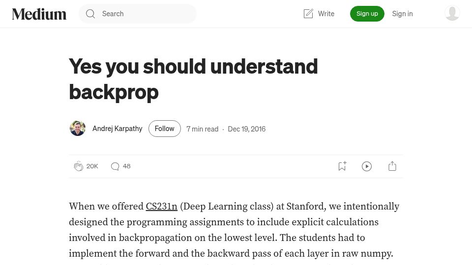 Screenshot of karpathy.medium.com: Backpropagation is a leaky abstraction (2016)