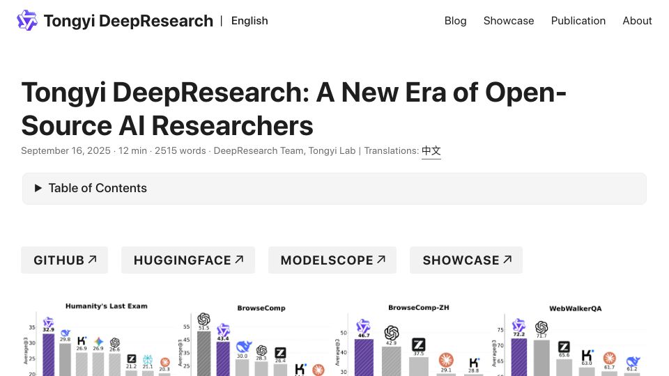 Screenshot of tongyi-agent.github.io: Tongyi DeepResearch – open-source 30B MoE Model that rivals OpenAI DeepResearch