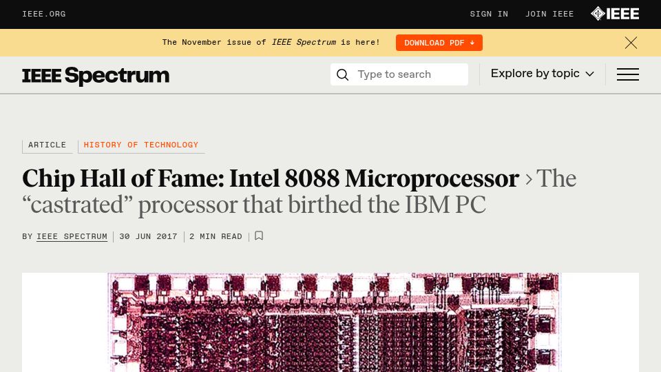 Screenshot of spectrum.ieee.org: Chip Hall of Fame: Intel 8088 Microprocessor