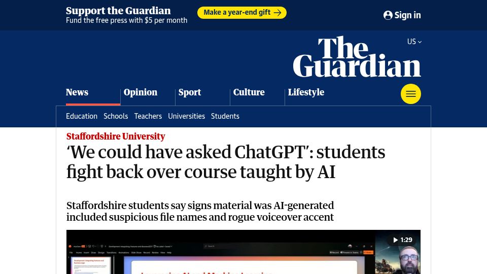 Screenshot of theguardian.com: Students fight back over course taught by AI