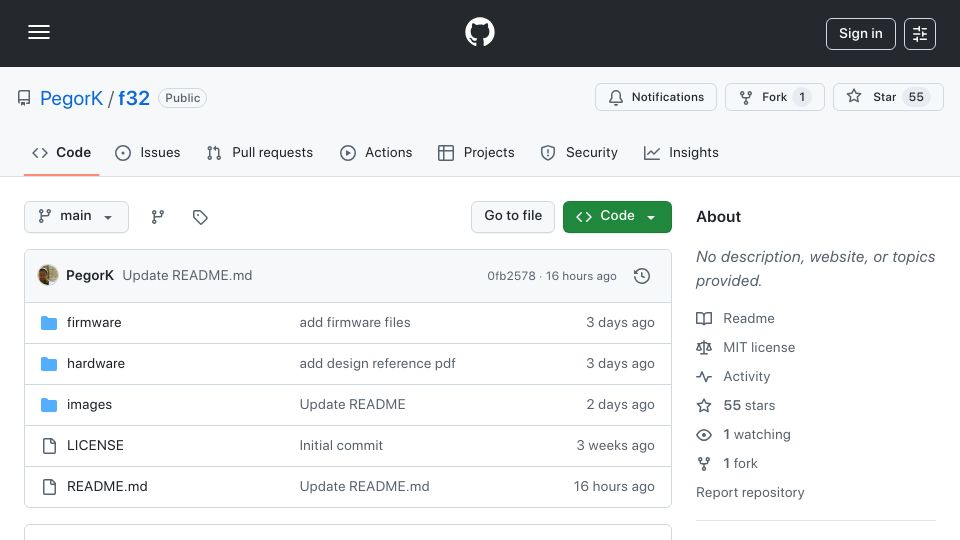 Screenshot of github.com: Show HN: F32 – An Extremely Small ESP32 Board