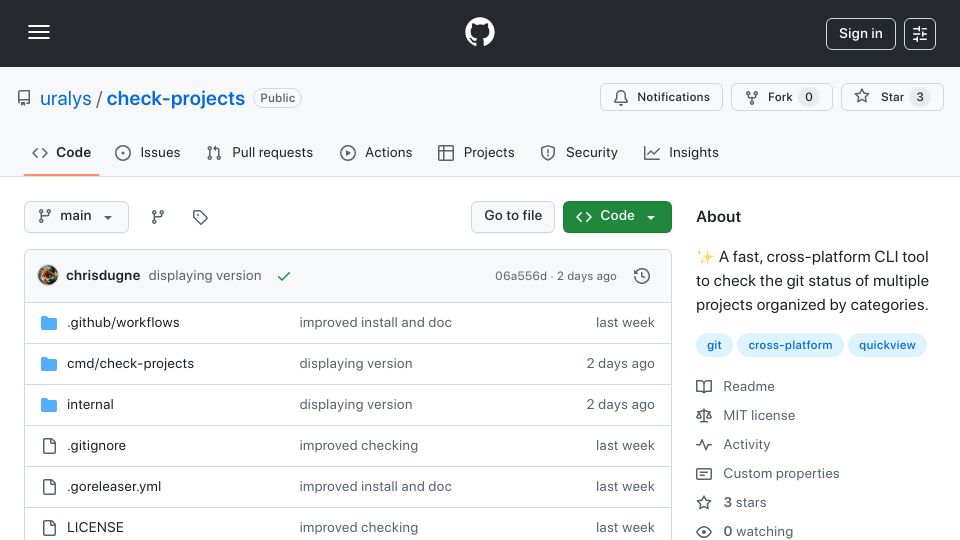 Screenshot of github.com: CLI tool to check the Git status of multiple projects