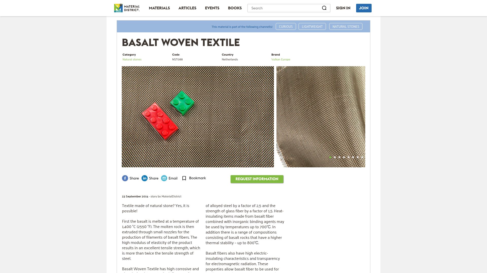 Screenshot of materialdistrict.com: Basalt Woven Textile