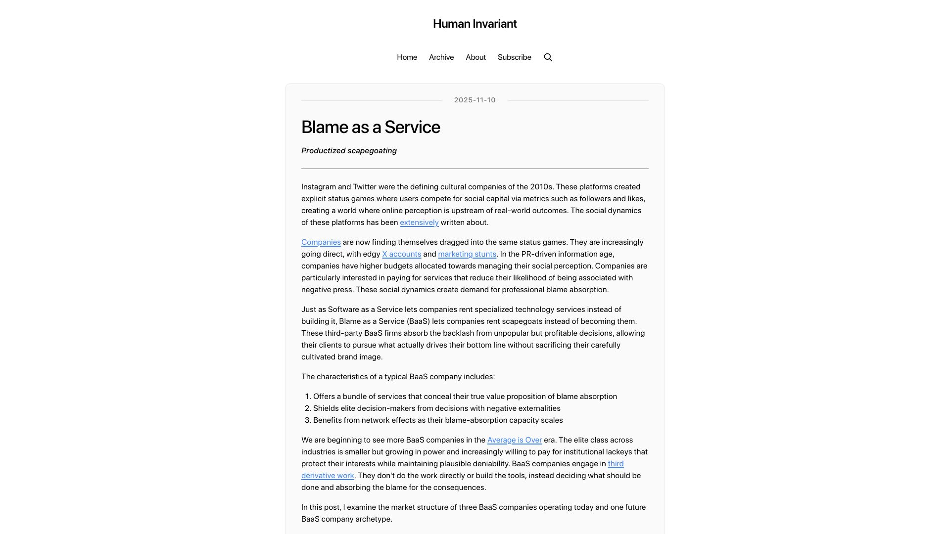 Screenshot of humaninvariant.com: Blame as a Service