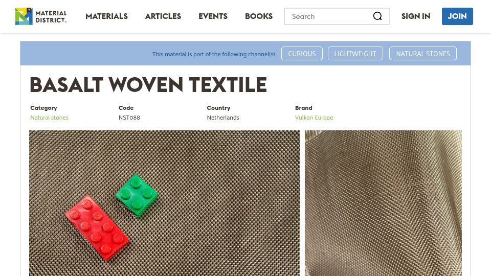 Screenshot of materialdistrict.com: Basalt Woven Textile