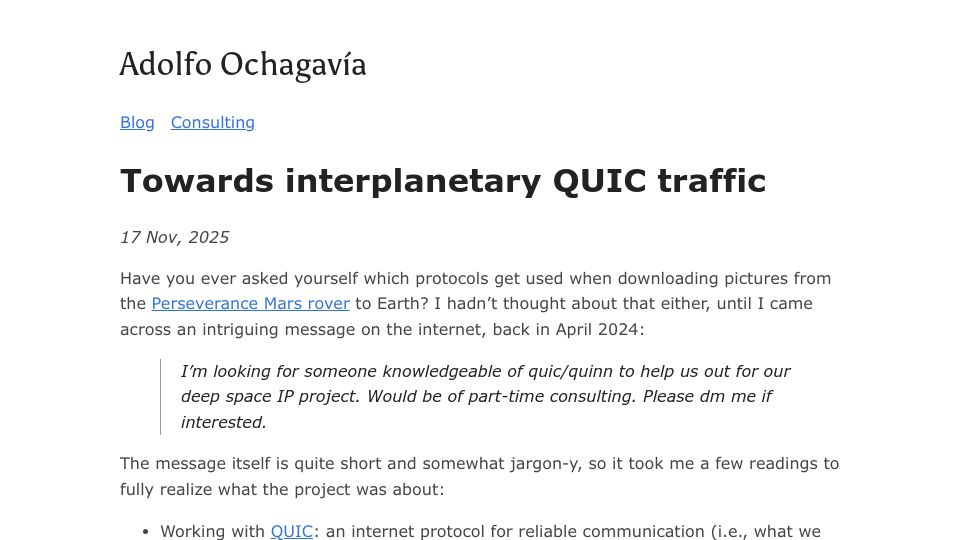 Screenshot of ochagavia.nl: Towards Interplanetary QUIC Traffic