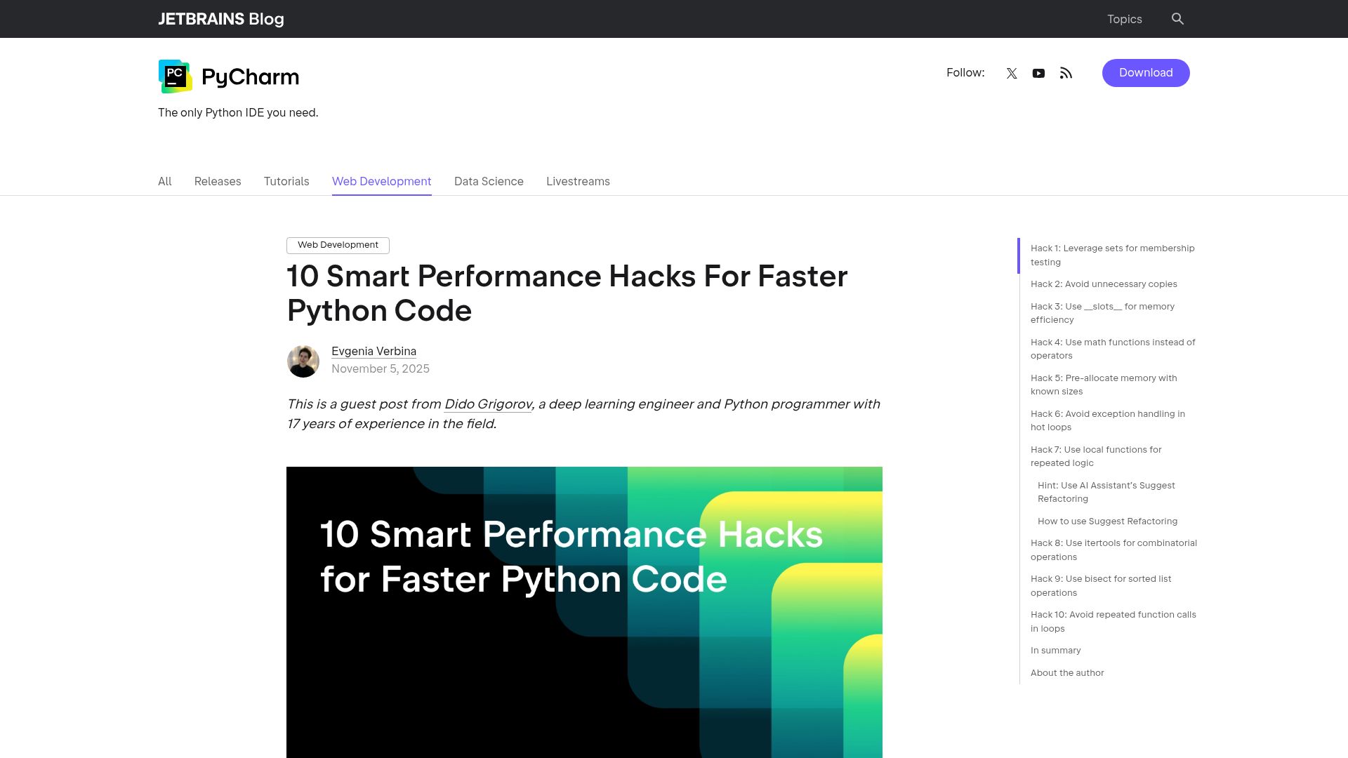 Screenshot of blog.jetbrains.com: Smart Performance Hacks for Faster Python Code