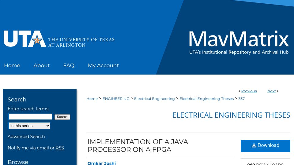 Screenshot of mavmatrix.uta.edu: Implementation of a Java Processor on a FPGA (2016)