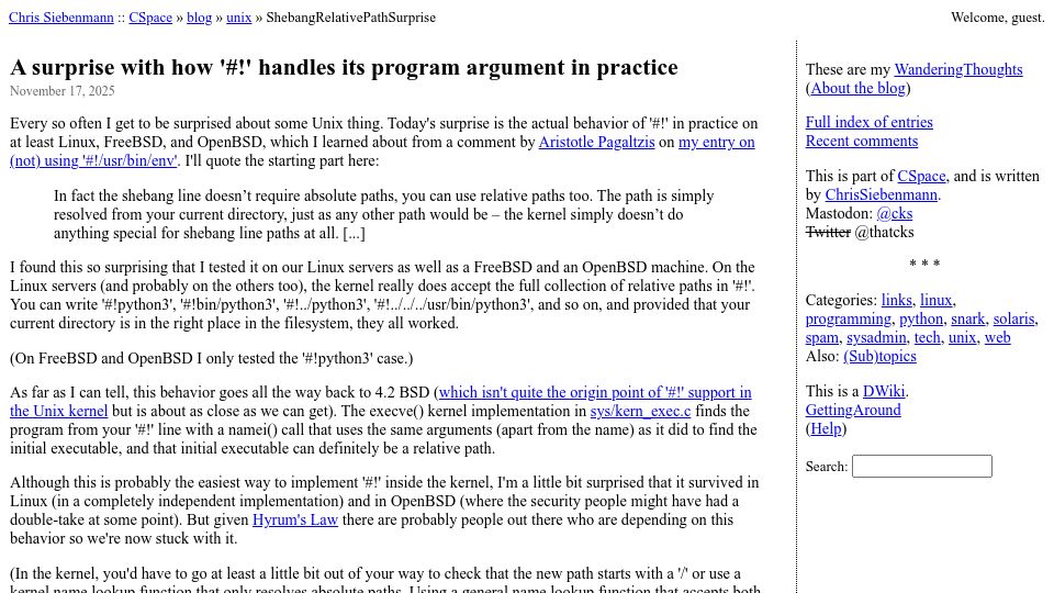 Screenshot of utcc.utoronto.ca: A surprise with how '#!' handles its program argument in practice