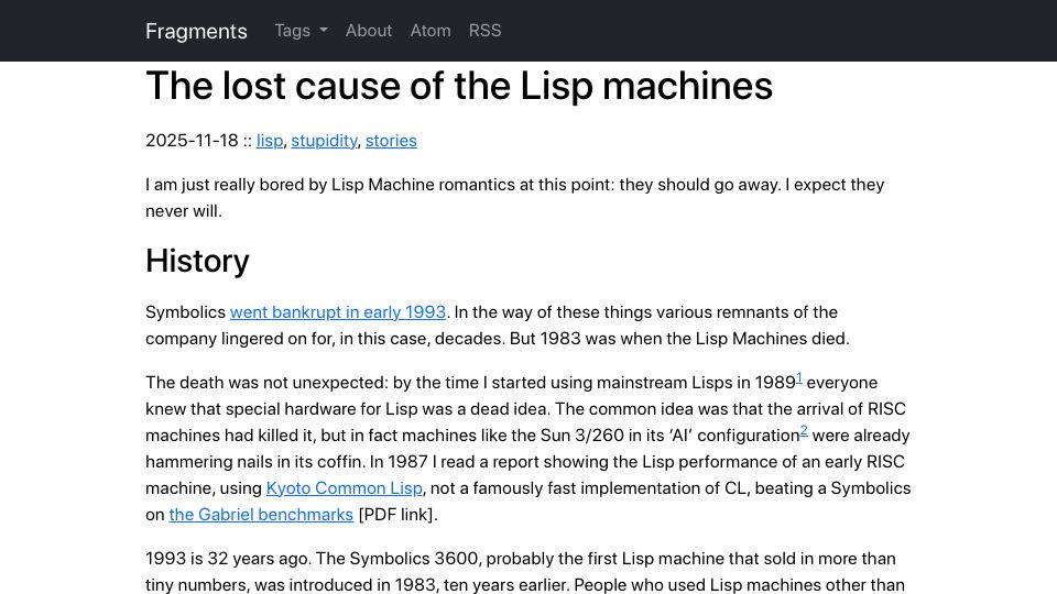 Screenshot of tfeb.org: The lost cause of the Lisp machines