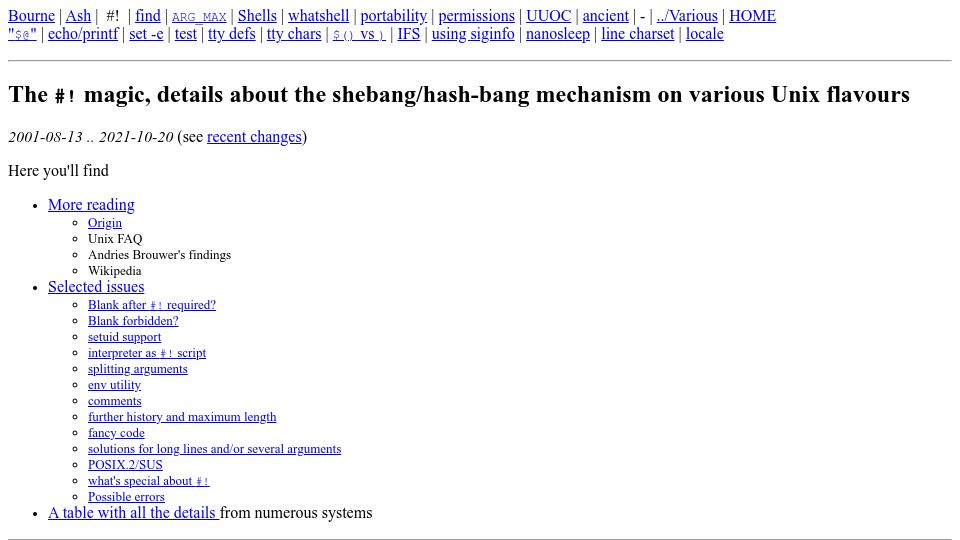 Screenshot of in-ulm.de: Details about the shebang/hash-bang mechanism on various Unix flavours (2001)