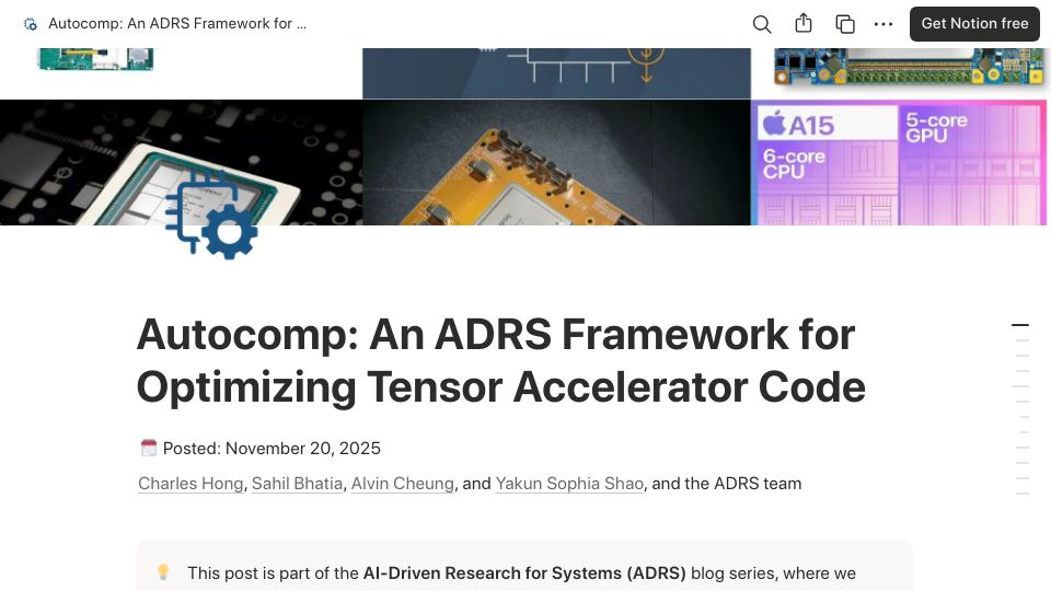 Screenshot of adrs-ucb.notion.site: Autocomp: An ADRS Framework for Optimizing Tensor Accelerator Code