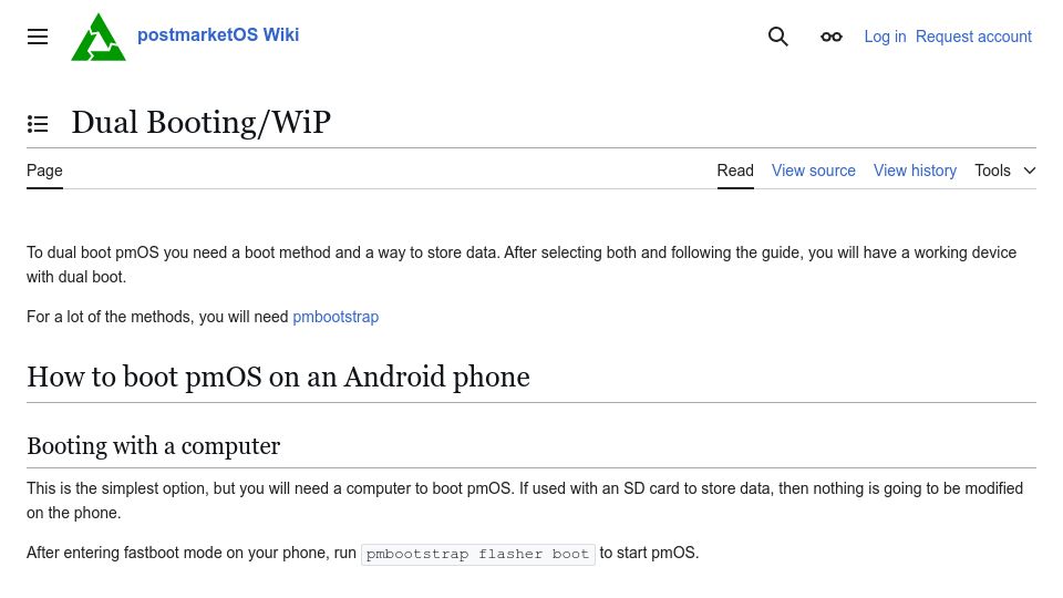 Screenshot of wiki.postmarketos.org: Android/Linux Dual Boot