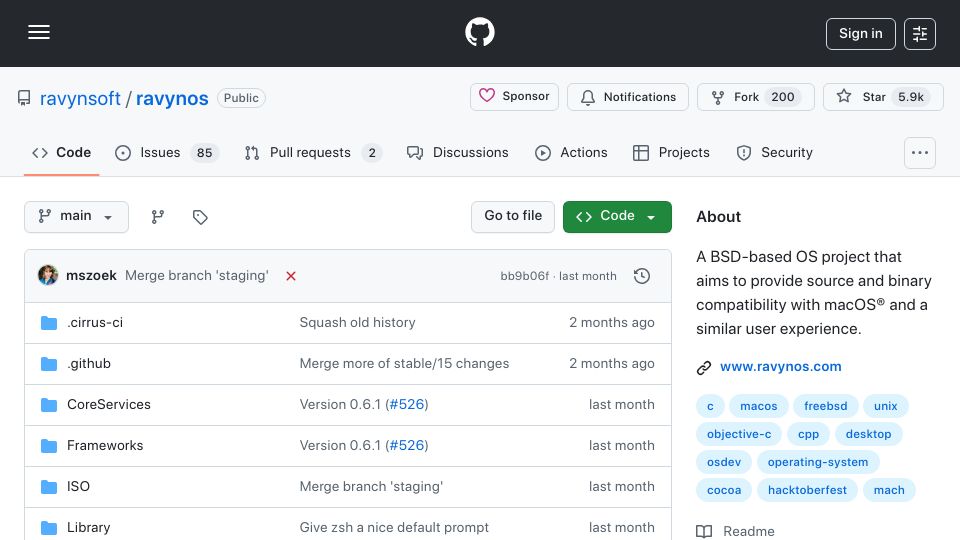 Screenshot of github.com: New OS aims to provide (some) compatibility with macOS