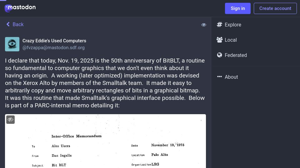 Screenshot of mastodon.sdf.org: 50th Anniversary of BitBLT