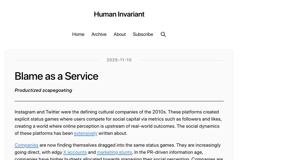 Screenshot of humaninvariant.com: Blame as a Service
