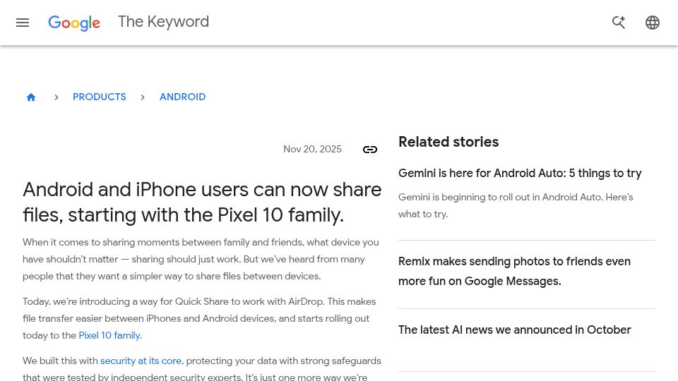Screenshot of blog.google: Android and iPhone users can now share files, starting with the Pixel 10