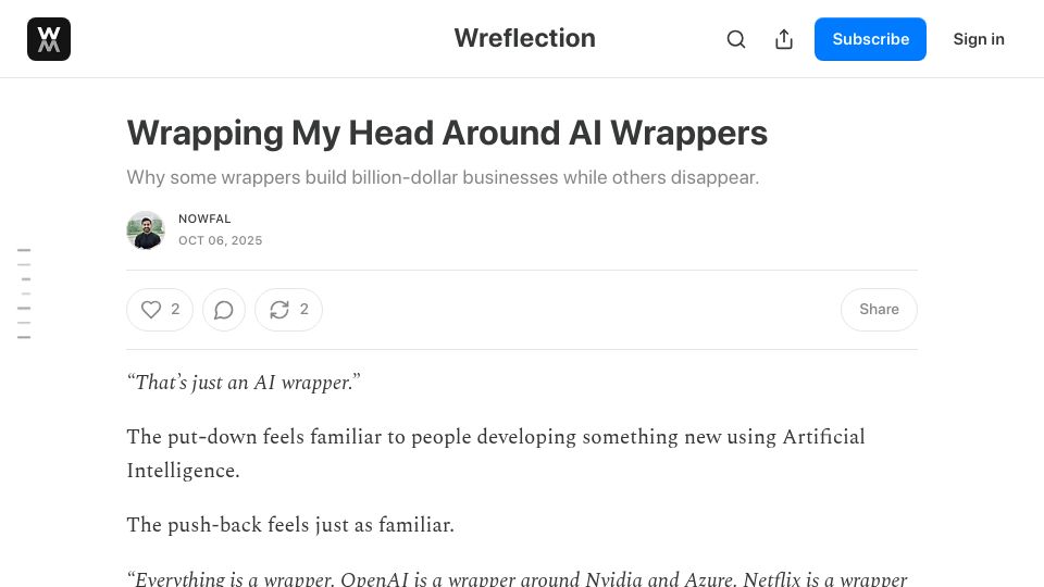 Screenshot of wreflection.com: Wrapping my head around AI wrappers