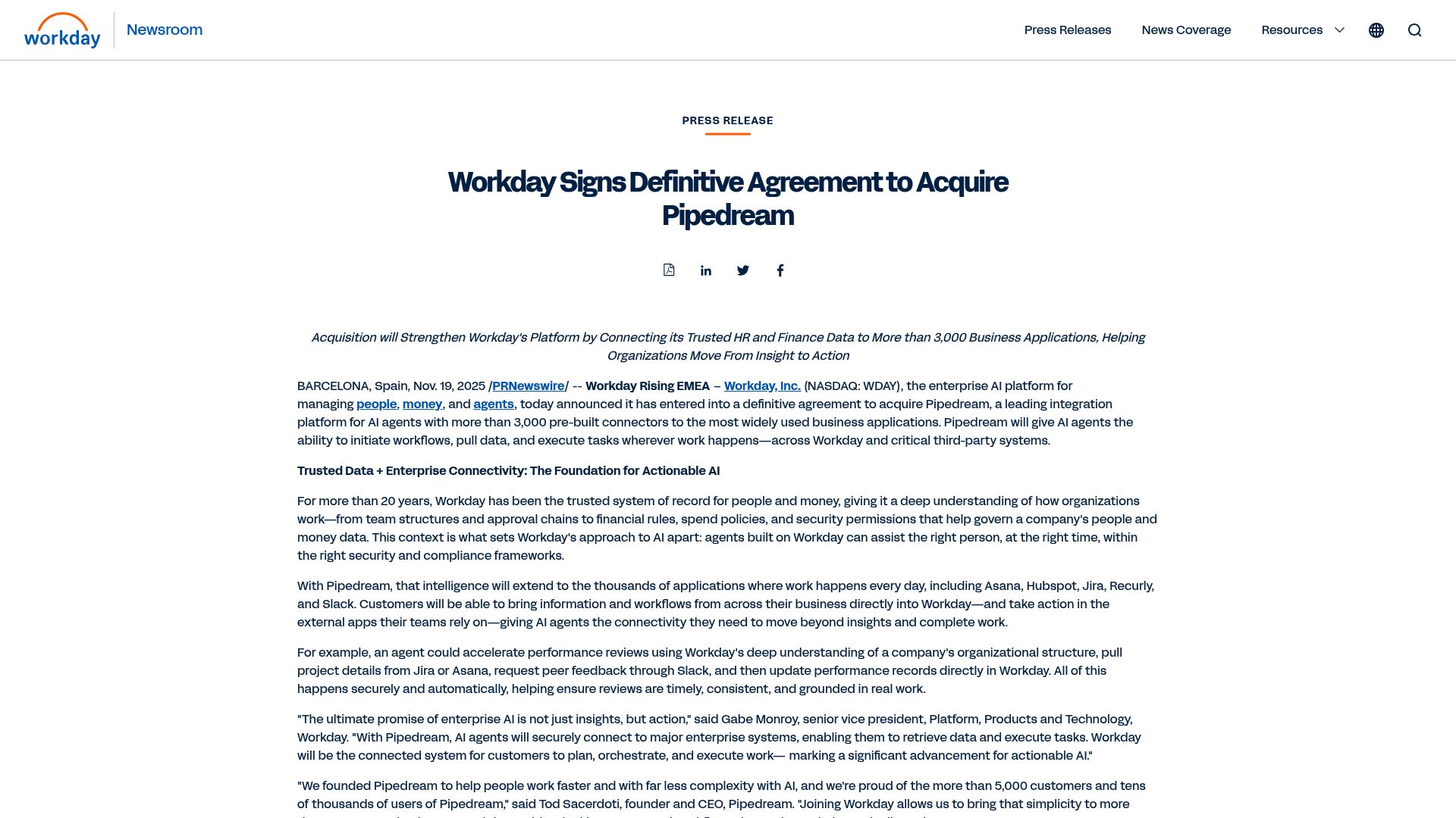 Screenshot of newsroom.workday.com: Workday to acquire Pipedream