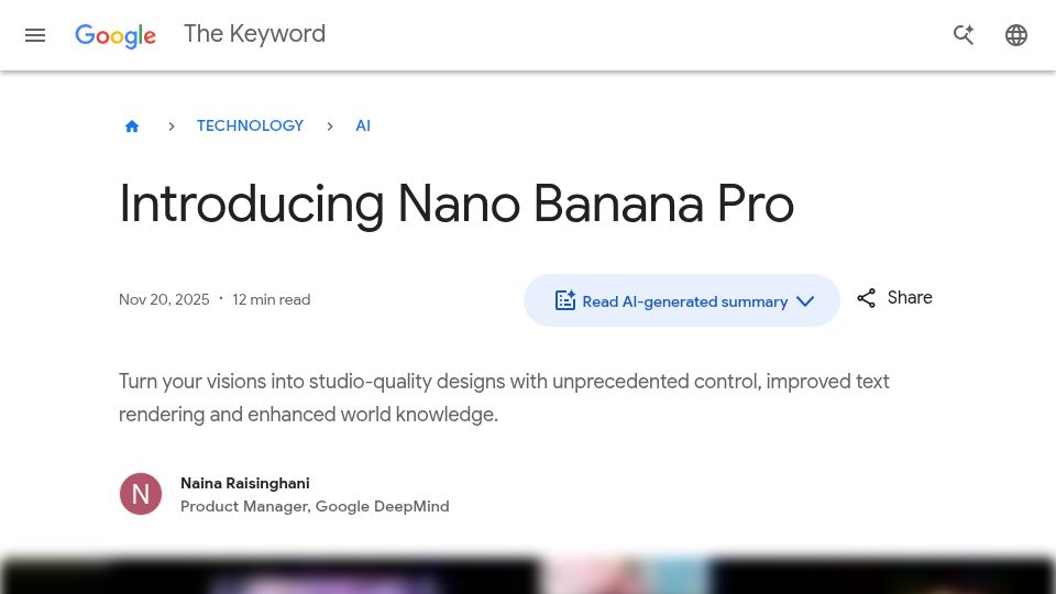 Screenshot of blog.google: Nano Banana Pro
