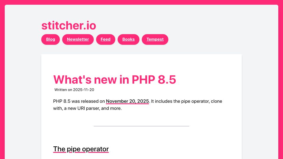Screenshot of stitcher.io: PHP 8.5