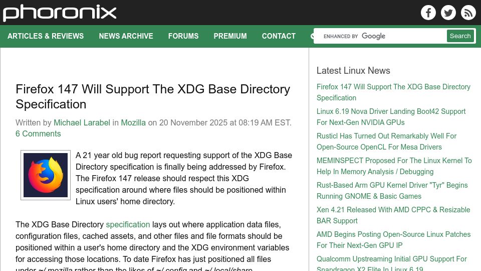 Screenshot of phoronix.com: Firefox 147 Will Support the XDG Base Directory Specification