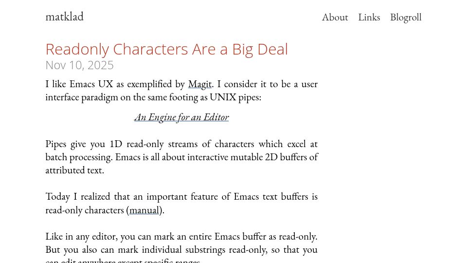 Screenshot of matklad.github.io: Readonly Characters Are a Big Deal