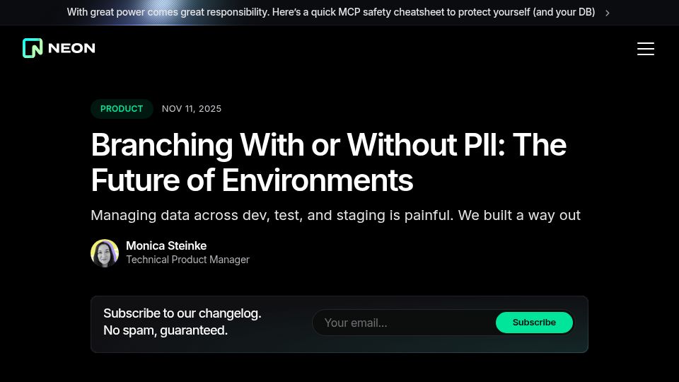 Screenshot of neon.com: Branching with or Without PII: The Future of Environments