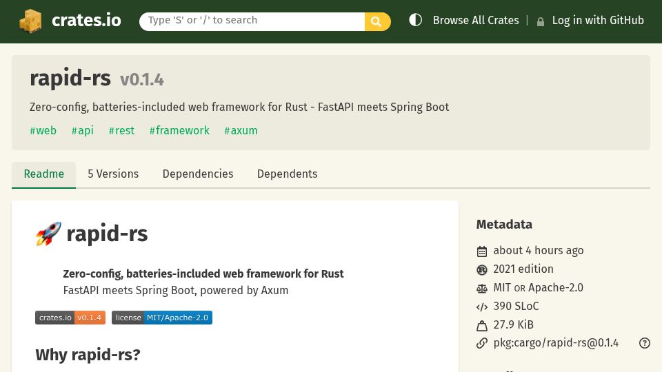 Screenshot of crates.io: Show HN: Rapid-rs – Zero-config web framework for Rust