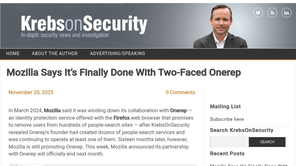 Screenshot of krebsonsecurity.com: Mozilla says it's finally done with Onerep