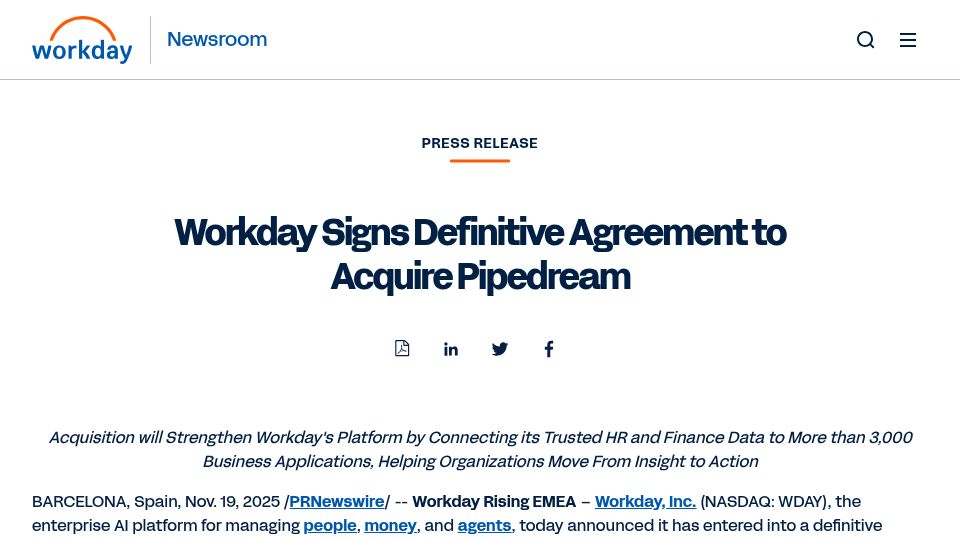 Screenshot of newsroom.workday.com: Workday to acquire Pipedream