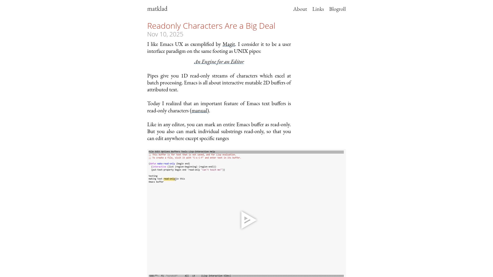 Screenshot of matklad.github.io: Readonly Characters Are a Big Deal