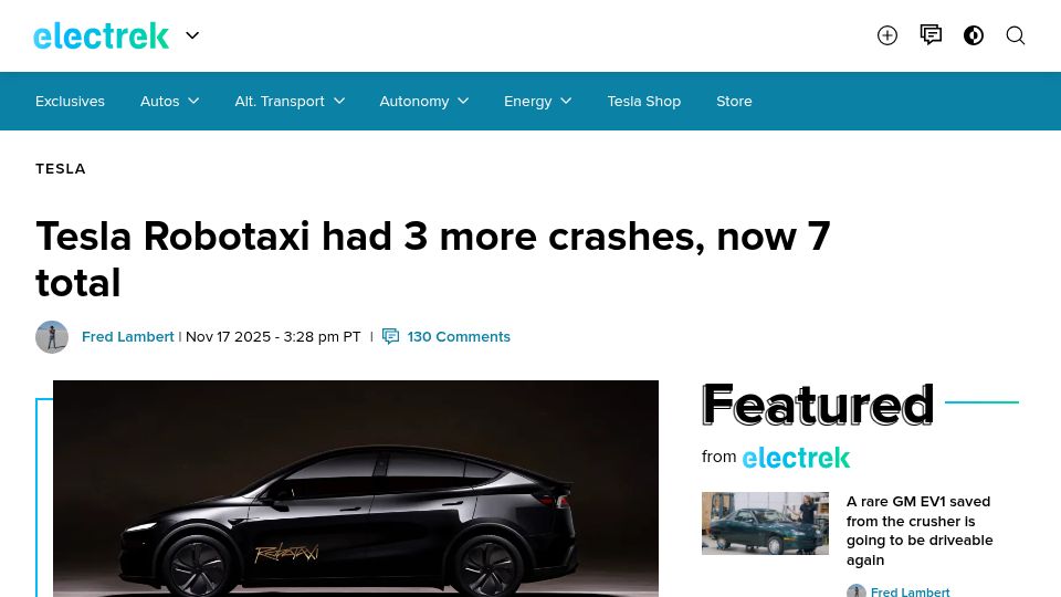 Screenshot of electrek.co: Tesla Robotaxi had 3 more crashes, now 7 total