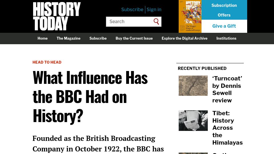Screenshot of historytoday.com: What influence has the BBC had on history?