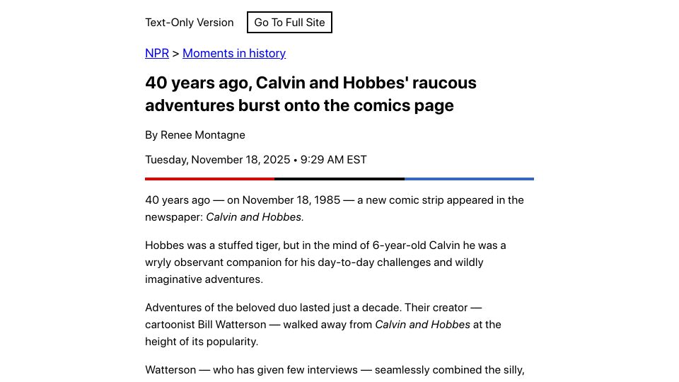 Screenshot of npr.org: 'Calvin and Hobbes' at 40