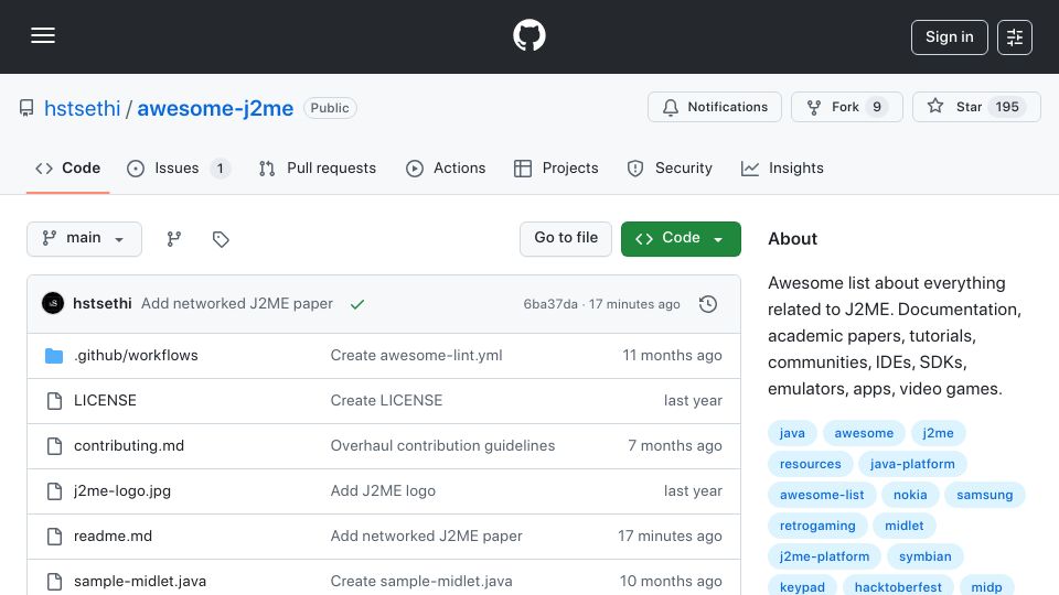 Screenshot of github.com: Show HN: Awesome J2ME