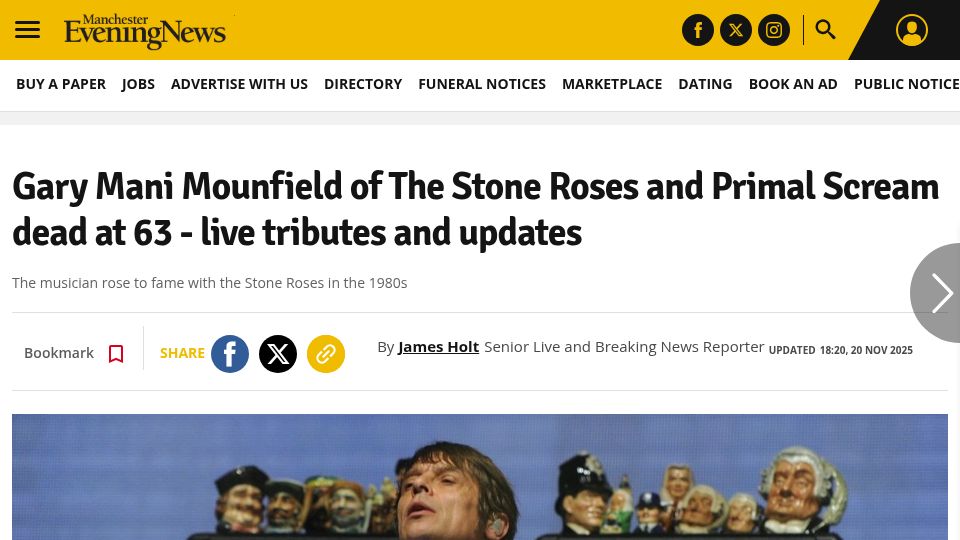 Screenshot of manchestereveningnews.co.uk: Gary Mani Mounfield of the Stone Roses and Primal Scream Dead at 63