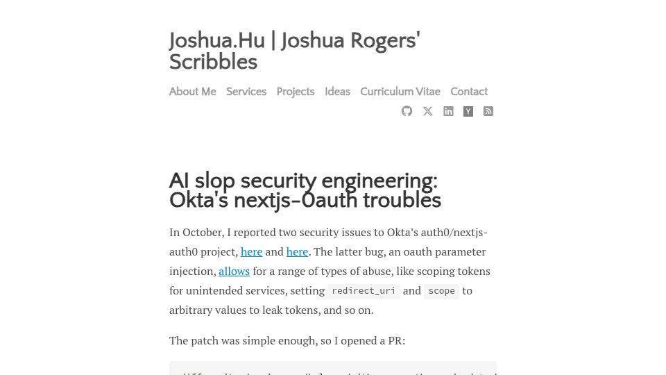 Screenshot of joshua.hu: Okta's NextJS-0auth troubles
