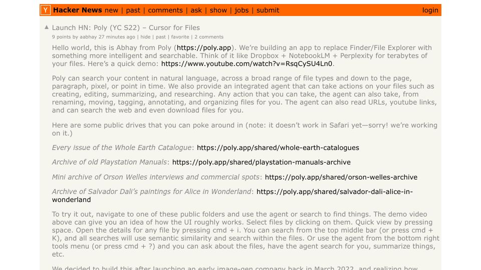 Screenshot of Hacker News post: Launch HN: Poly (YC S22) – Cursor for Files