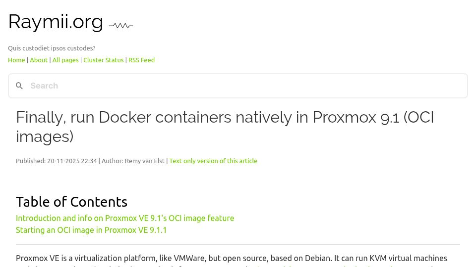 Screenshot of raymii.org: Run Docker containers natively in Proxmox 9.1 (OCI images)