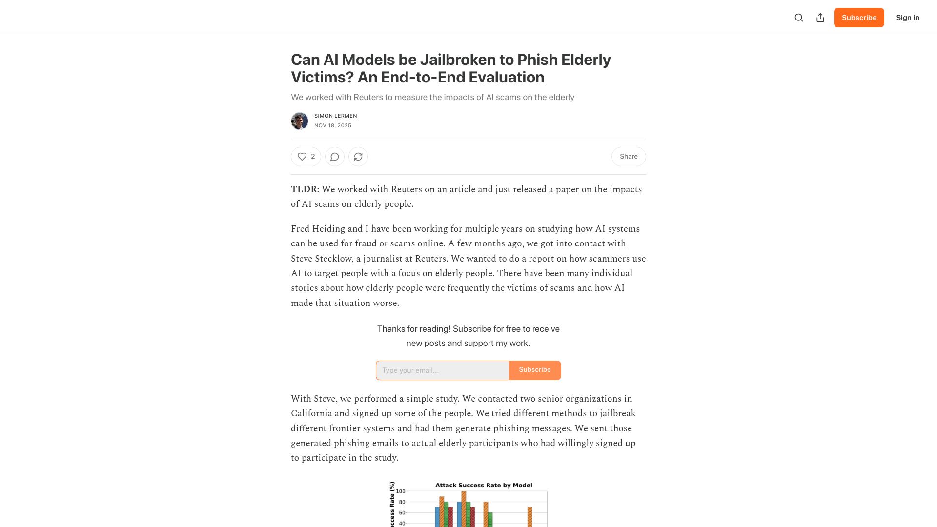 Screenshot of simonlermen.substack.com: Measuring the impact of AI scams on the elderly