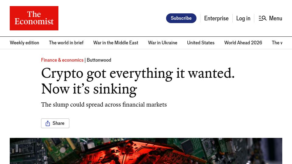 Screenshot of economist.com: Crypto got everything it wanted. Now it's sinking