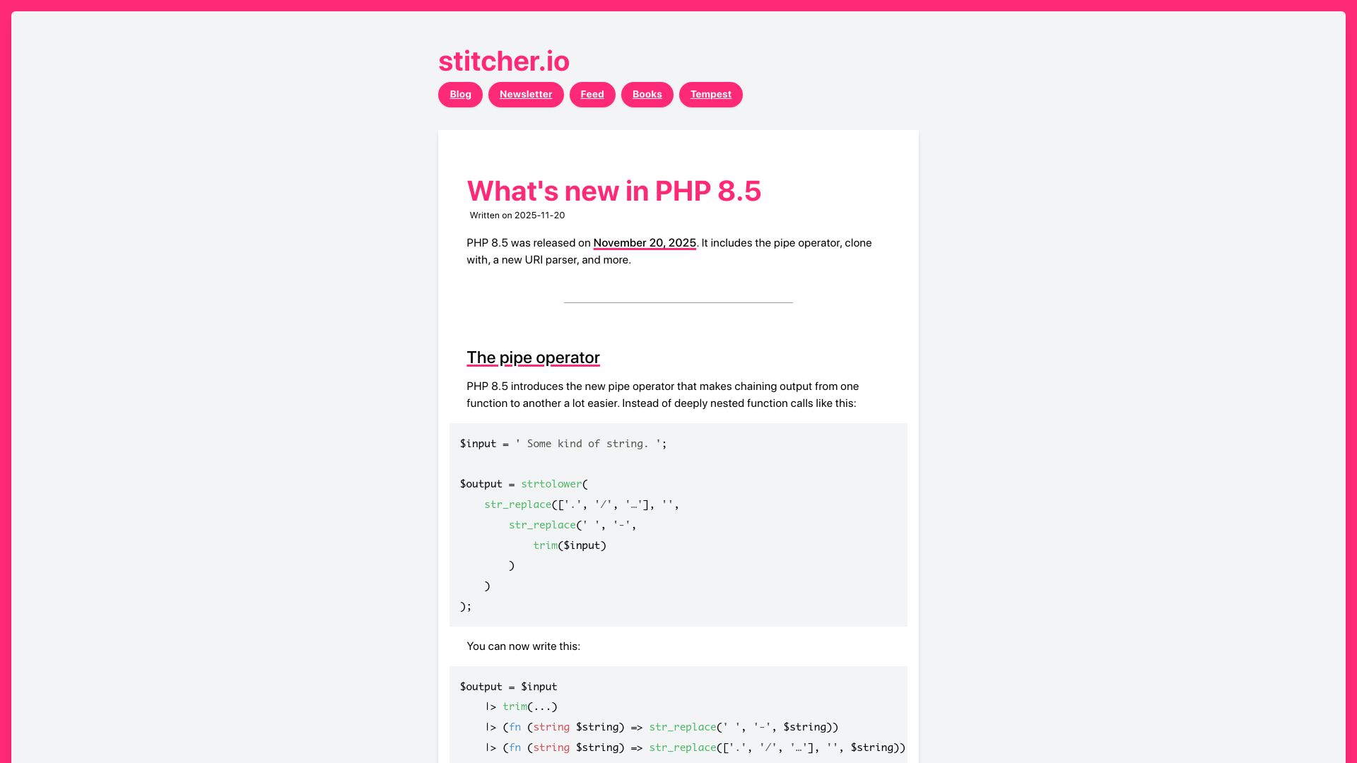 Screenshot of stitcher.io: PHP 8.5