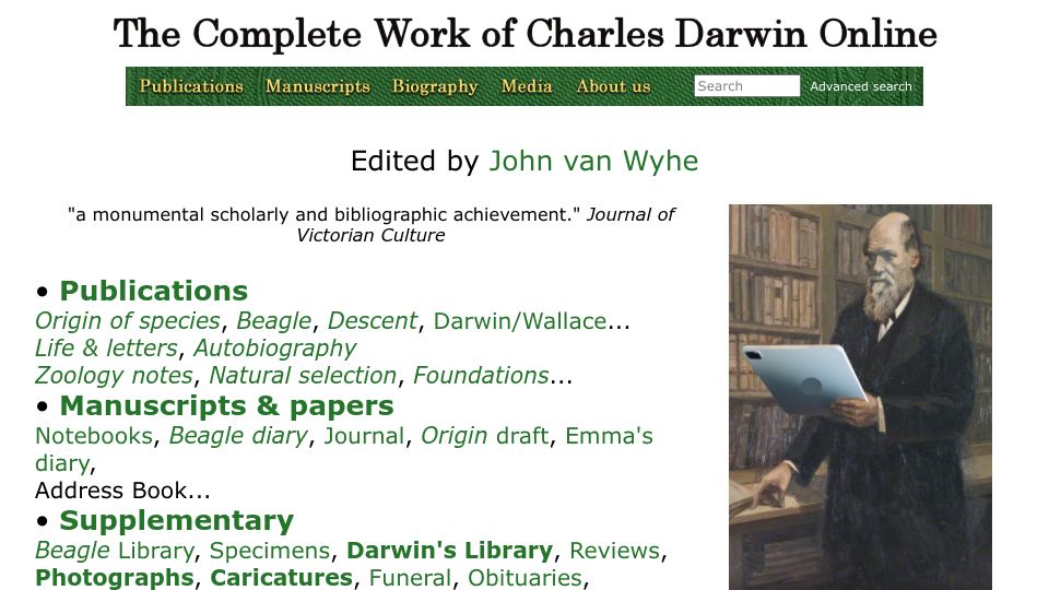 Screenshot of darwin-online.org.uk: The Complete Work of Charles Darwin Online