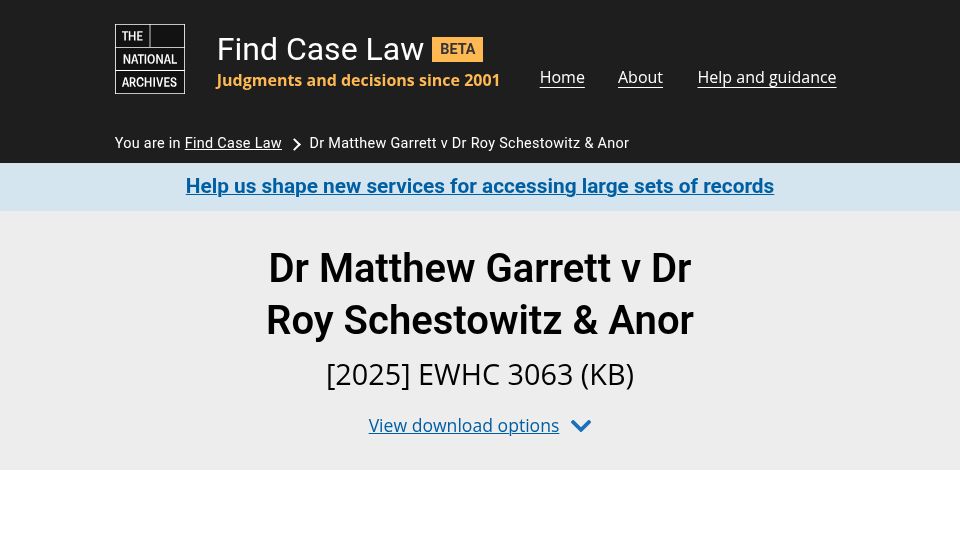 Screenshot of caselaw.nationalarchives.gov.uk: Dr Matthew Garrett v Dr Roy Schestowitz and Anor