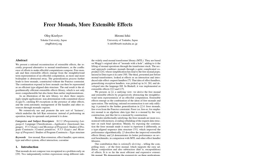 Screenshot of okmij.org: Freer Monads, More Extensible Effects (2015) [pdf]