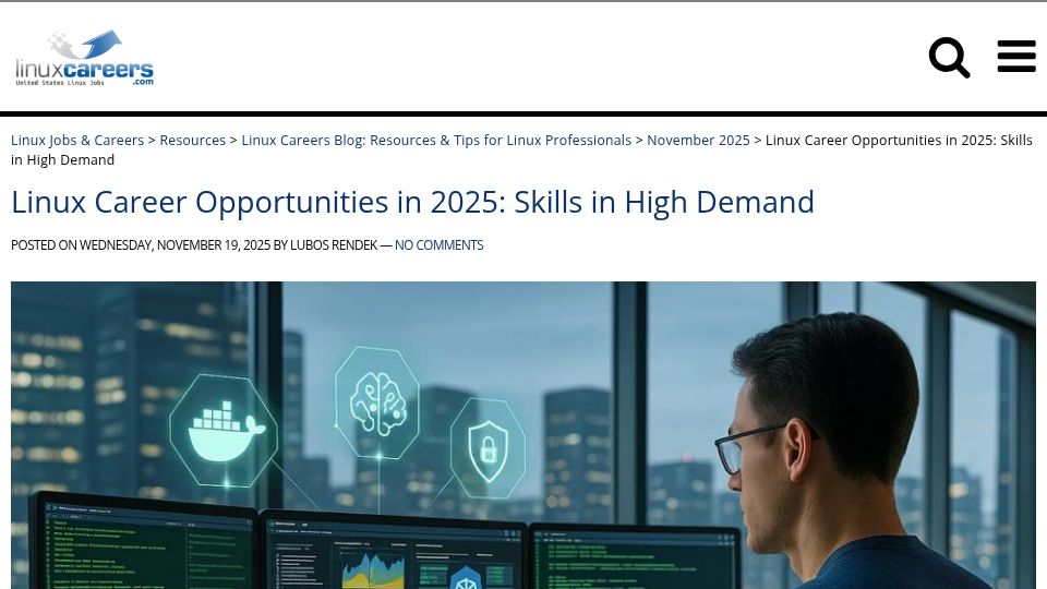 Screenshot of linuxcareers.com: Linux Career Opportunities in 2025: Skills in High Demand