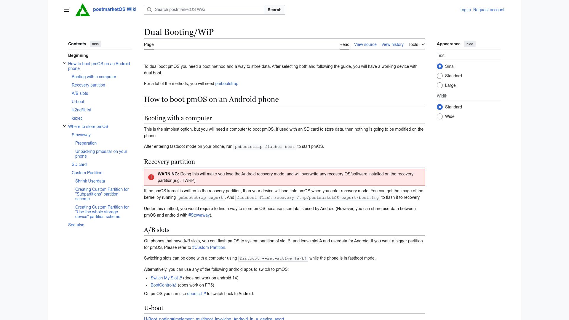 Screenshot of wiki.postmarketos.org: Android/Linux Dual Boot