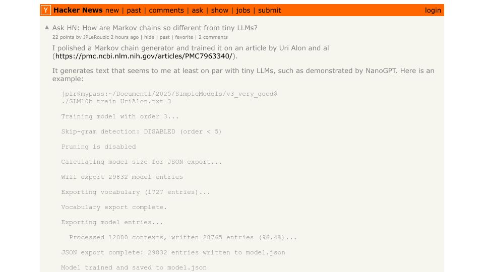Screenshot of Hacker News post: Ask HN: How are Markov chains so different from tiny LLMs?