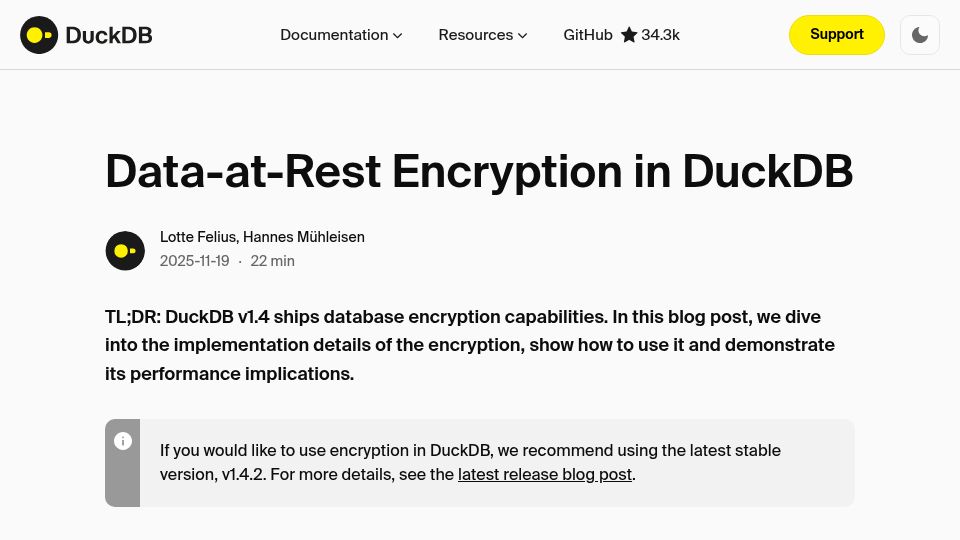 Screenshot of duckdb.org: Data-at-Rest Encryption in DuckDB